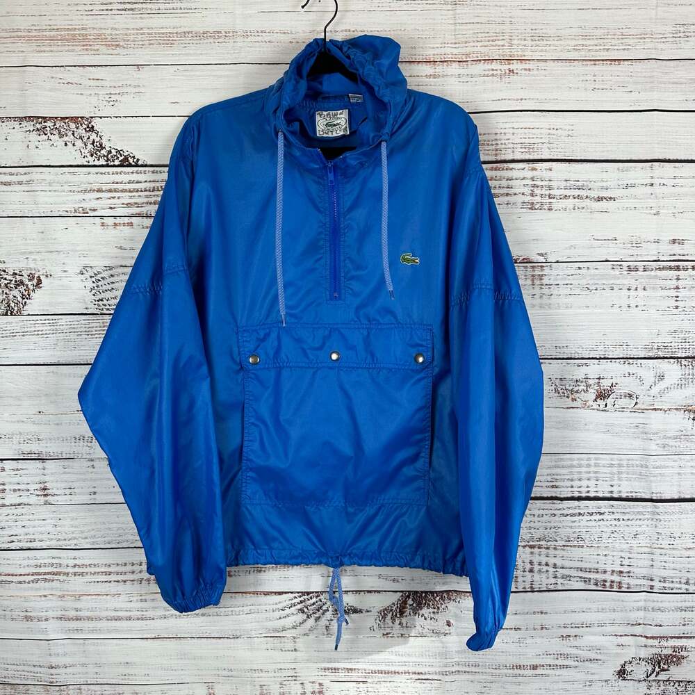 Vintage Izod Lacoste Blue Hooded Nylon Pullover Windbreaker Activewear 1/4 Zip L